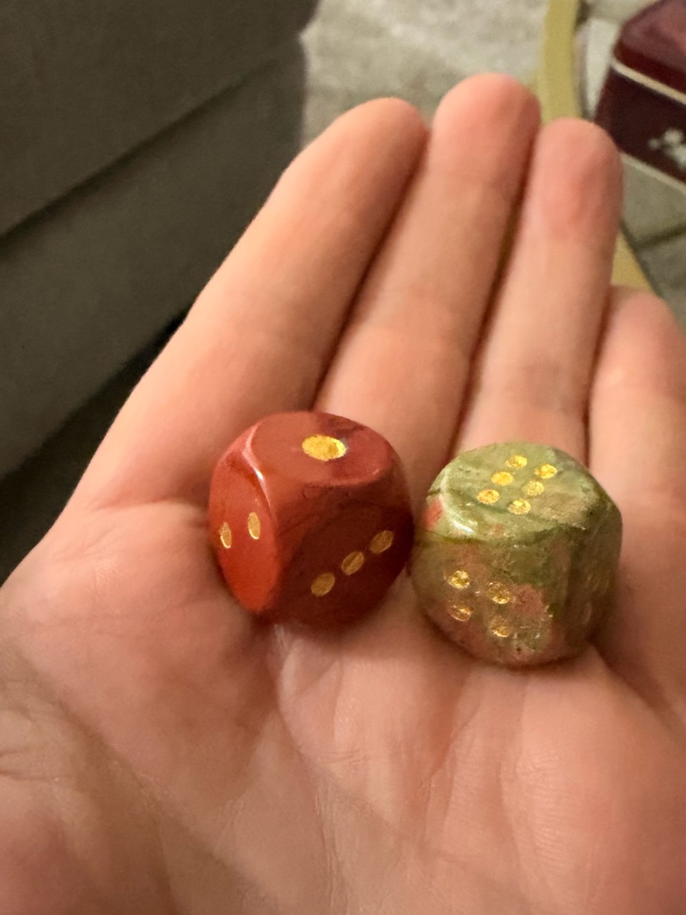 Solid Stone Dice in Red and Green with Gold Inlay - Picture 2 of 7